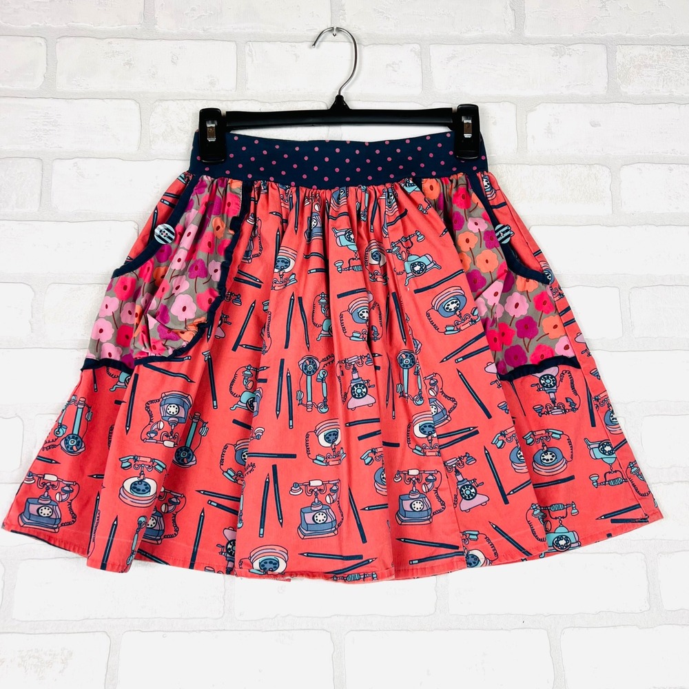 Matilda Jane Girls Coral Pink Vintage Telephone Print Skirt Size 14 61648